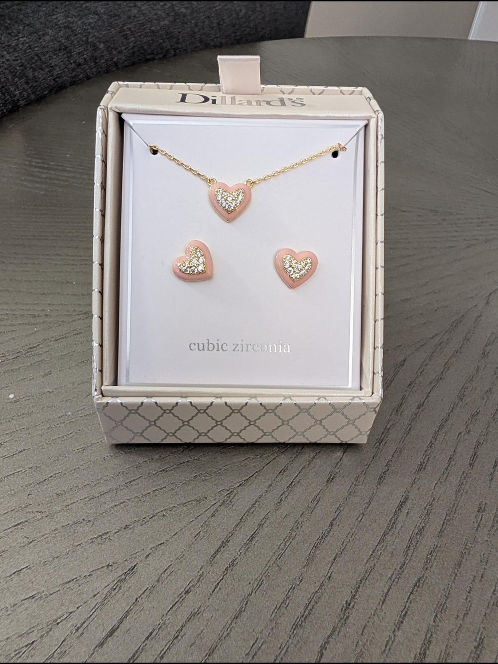 Dillard's Pink Heart Cubic Zirconia Necklace & Earrings Set